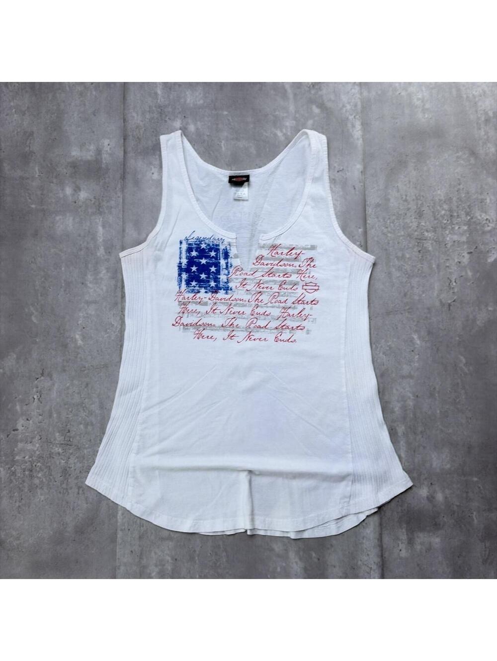 Y2K White Harley Davidson Grunge USA Flag Biker Sleeveless Top